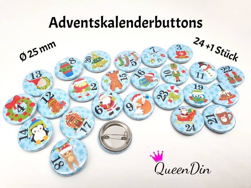 25 Adventskalenderbuttons Ø25 Mm Blau Mit Motiven | Nadelbuttons von QueenDin