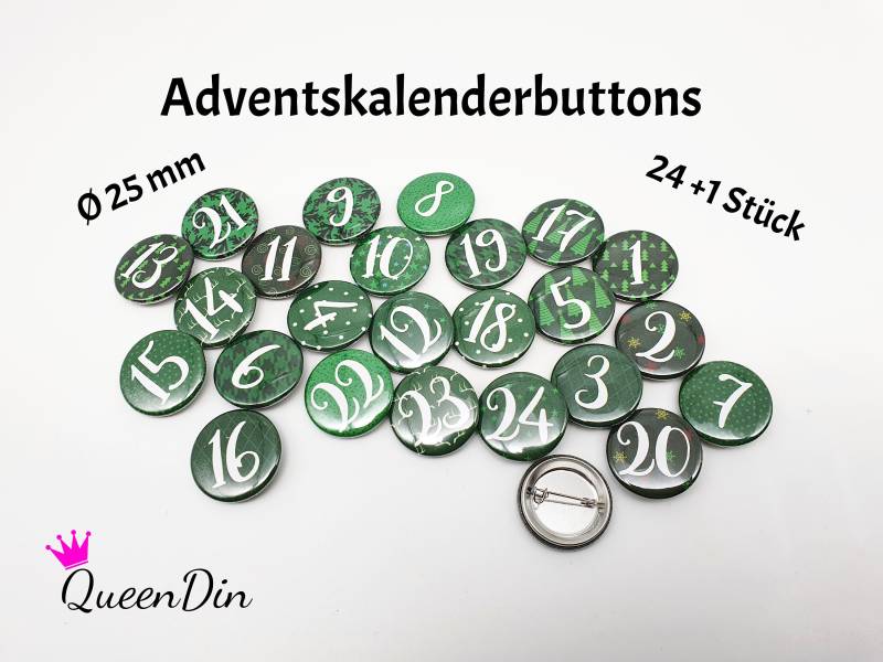 25 Adventskalenderbuttons Ø25 Mm Dunkelgrün/Weiß | Nadelbuttons von QueenDin