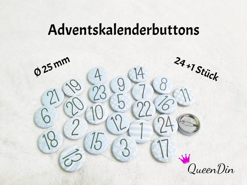 25 Adventskalenderbuttons Ø25 Mm Hellblau/Weiß | Nadelbuttons von QueenDin