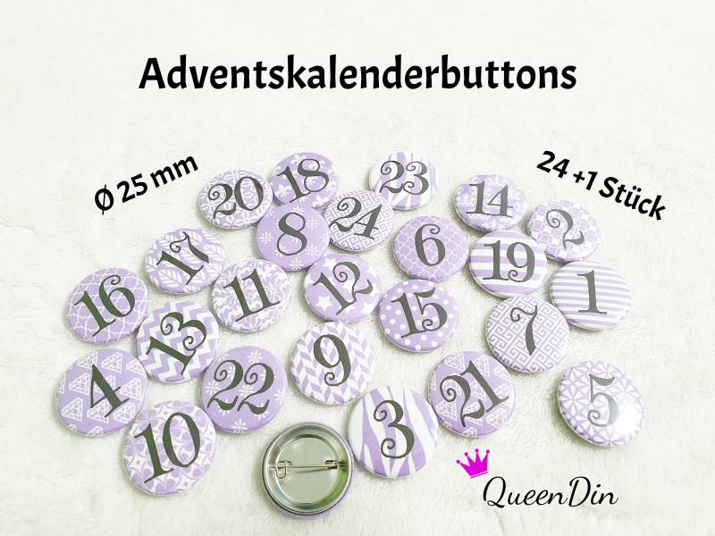 25 Adventskalenderbuttons Ø25 Mm Lila/Weiß | Nadelbuttons von QueenDin
