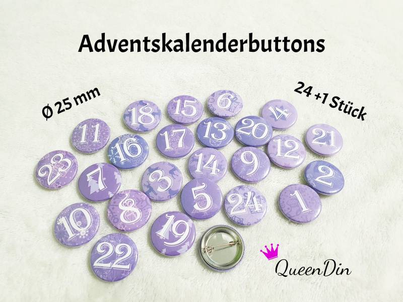 25 Adventskalenderbuttons Ø25 Mm Lila/Weiß | Nadelbuttons von QueenDin