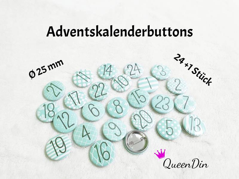 25 Adventskalenderbuttons Ø25 Mm Mint/Weiß | Nadelbuttons von QueenDin