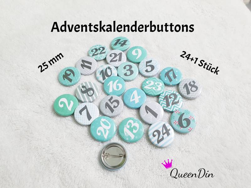 25 Adventskalenderbuttons Ø25 Mm Petrol/Blau/Grau/Weiß | Nadelbuttons von QueenDin