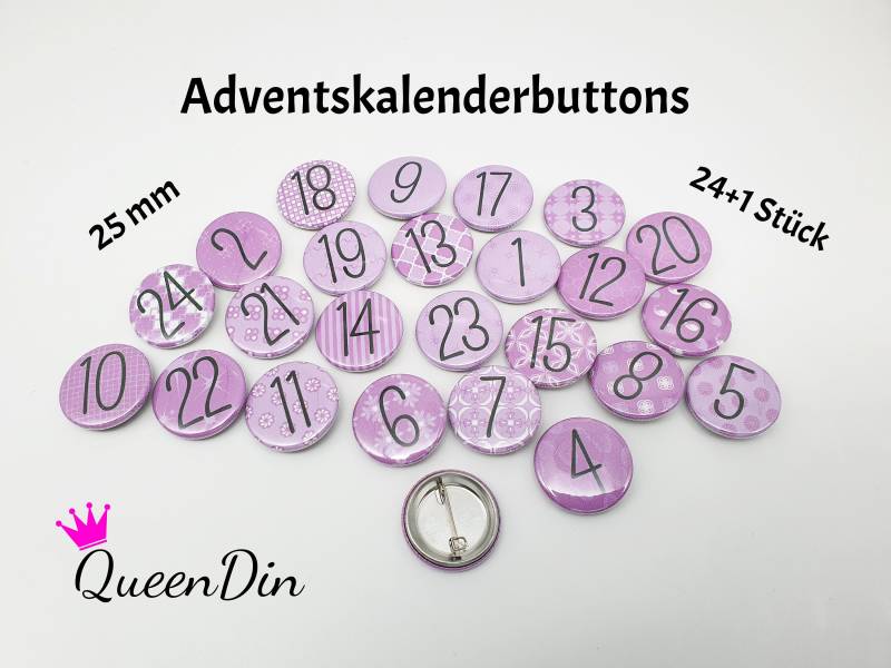 25 Adventskalenderbuttons Ø25 Mm Violett/Schwarz | Nadelbuttons von QueenDin