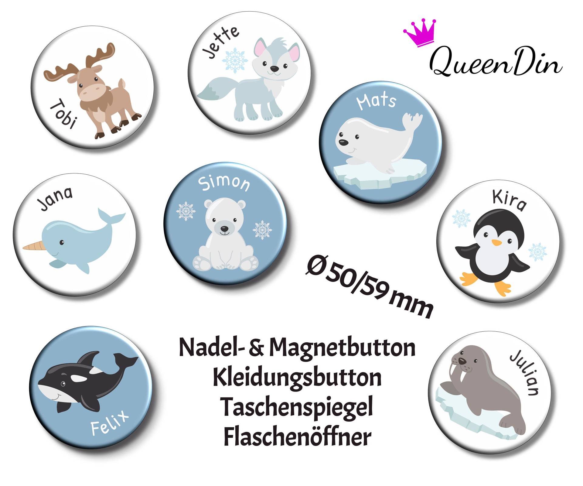 Button "Arktistiere" Ø50/59 Mm Mit Wunschname | Nadelanstecker Magnet Kleidungsbutton Taschenspiegel Flaschenöffner von QueenDin