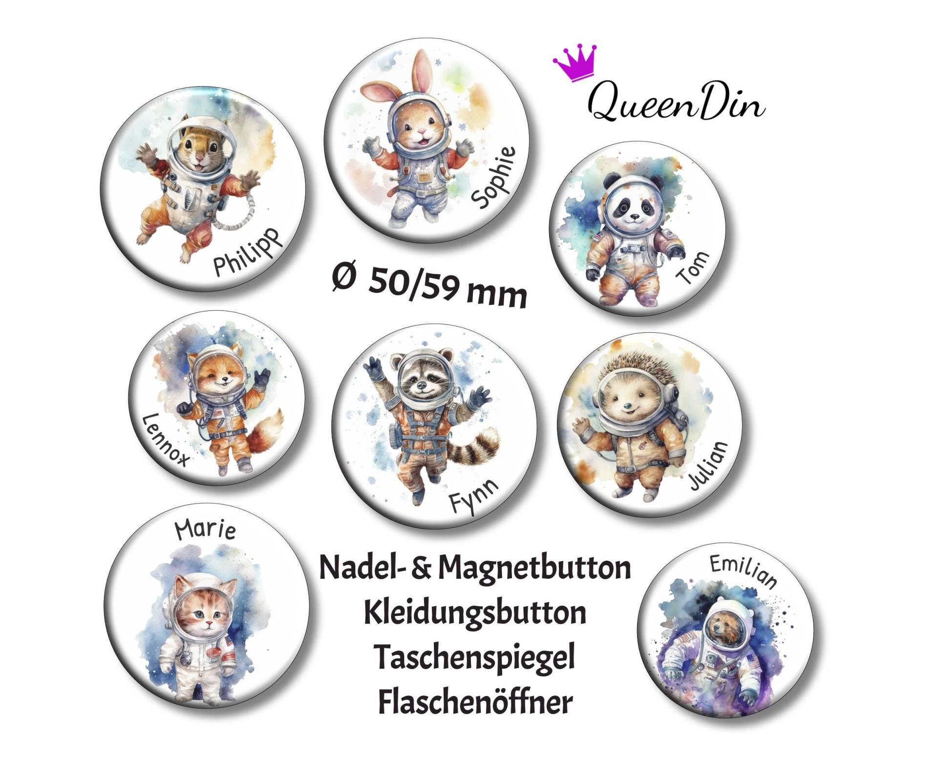 Button "Astronauten" Ø50/59 Mm Mit Wunschname | Magnet Kleidungsbutton Taschenspiegel Flaschenöffner von QueenDin