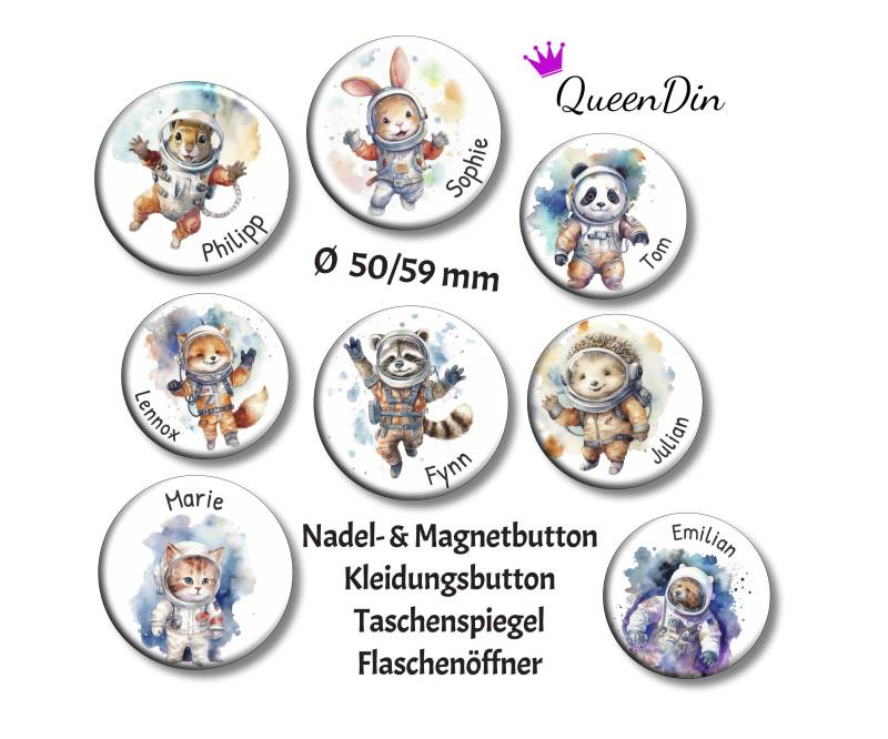 Button "Astronauten" Ø50/59 Mm Mit Wunschname | Magnet Kleidungsbutton Taschenspiegel Flaschenöffner von QueenDin