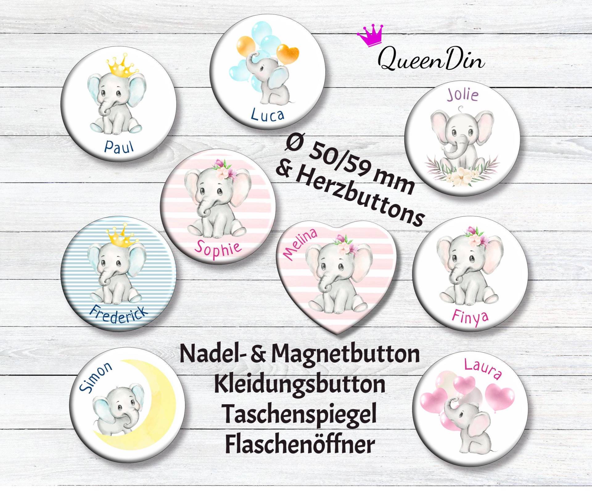 Button "Babyelefant" Ø50/59 Mm, Herzbutton Mit Wunschname | Nadelanstecker Magnet Kleidungsbutton Taschenspiegel Flaschenöffner von QueenDin