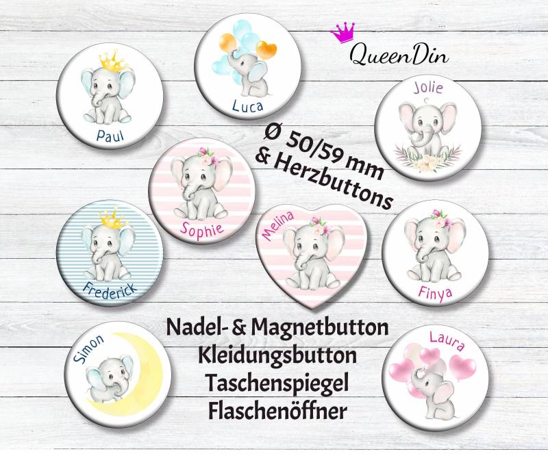 Button "Babyelefant" Ø50/59 Mm, Herzbutton Mit Wunschname | Nadelanstecker Magnet Kleidungsbutton Taschenspiegel Flaschenöffner von QueenDin