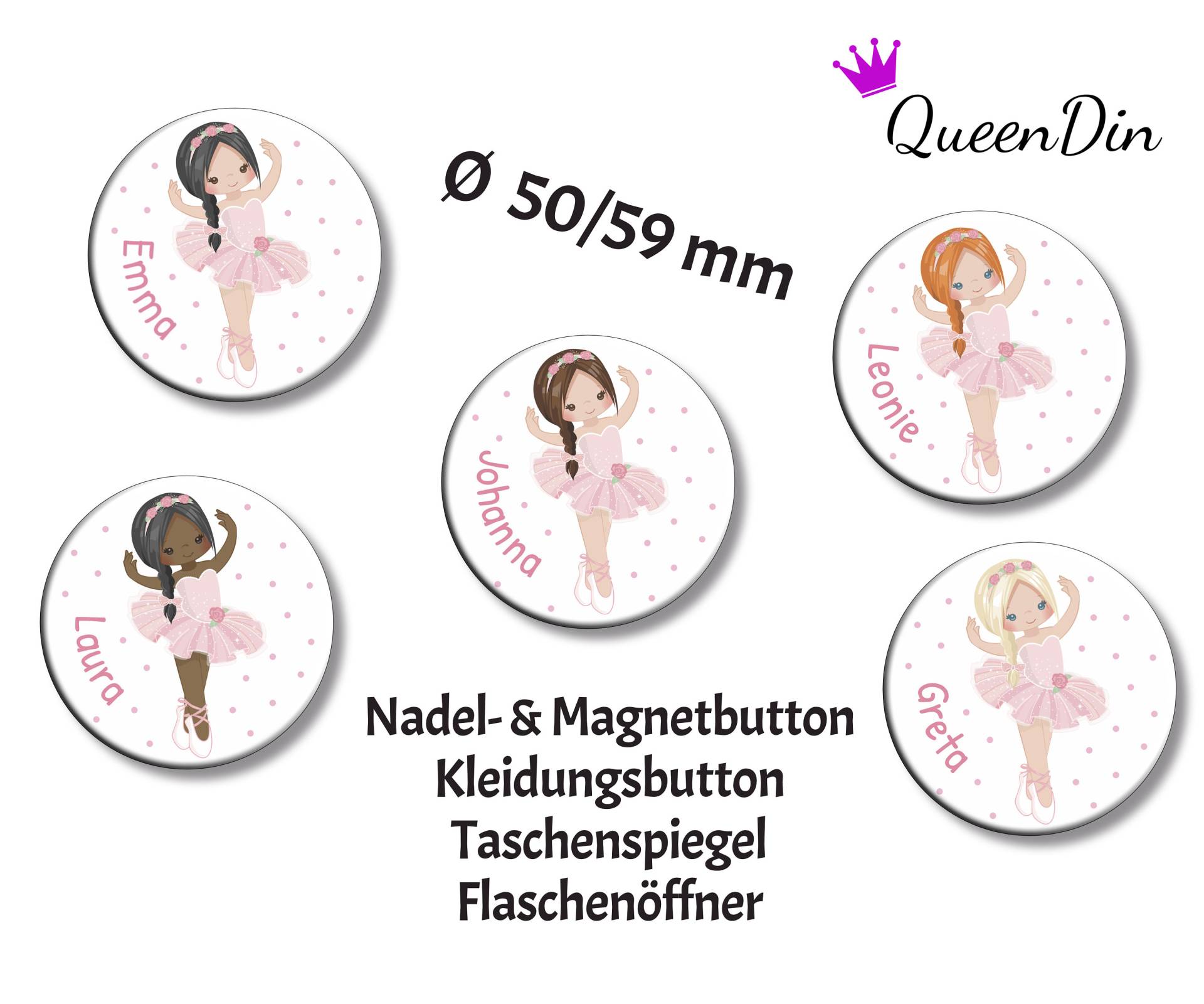 Button "Ballerina" Ø50/59 Mm Mit Wunschname | Magnet Kleidungsbutton Taschenspiegel Flaschenöffner von QueenDin