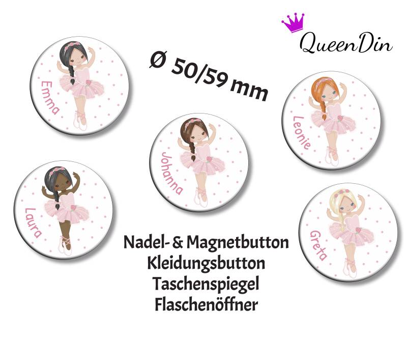 Button "Ballerina" Ø50/59 Mm Mit Wunschname | Magnet Kleidungsbutton Taschenspiegel Flaschenöffner von QueenDin