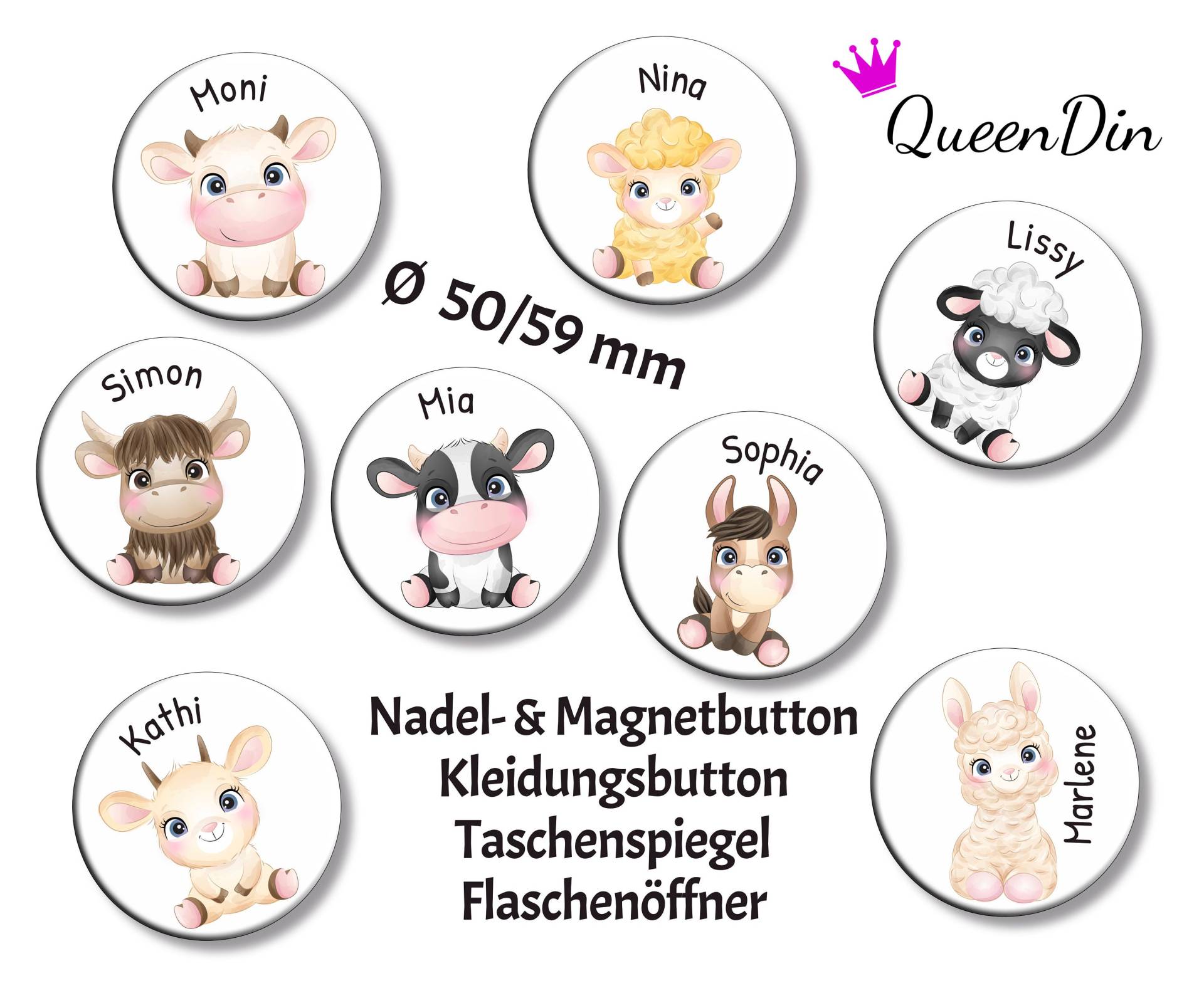 Button "Bauernhoftiere" Ø50/59 Mm Mit Wunschname | Magnet Kleidungsbutton Taschenspiegel Flaschenöffner von QueenDin