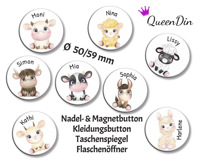 Button "Bauernhoftiere" Ø50/59 Mm Mit Wunschname | Magnet Kleidungsbutton Taschenspiegel Flaschenöffner von QueenDin