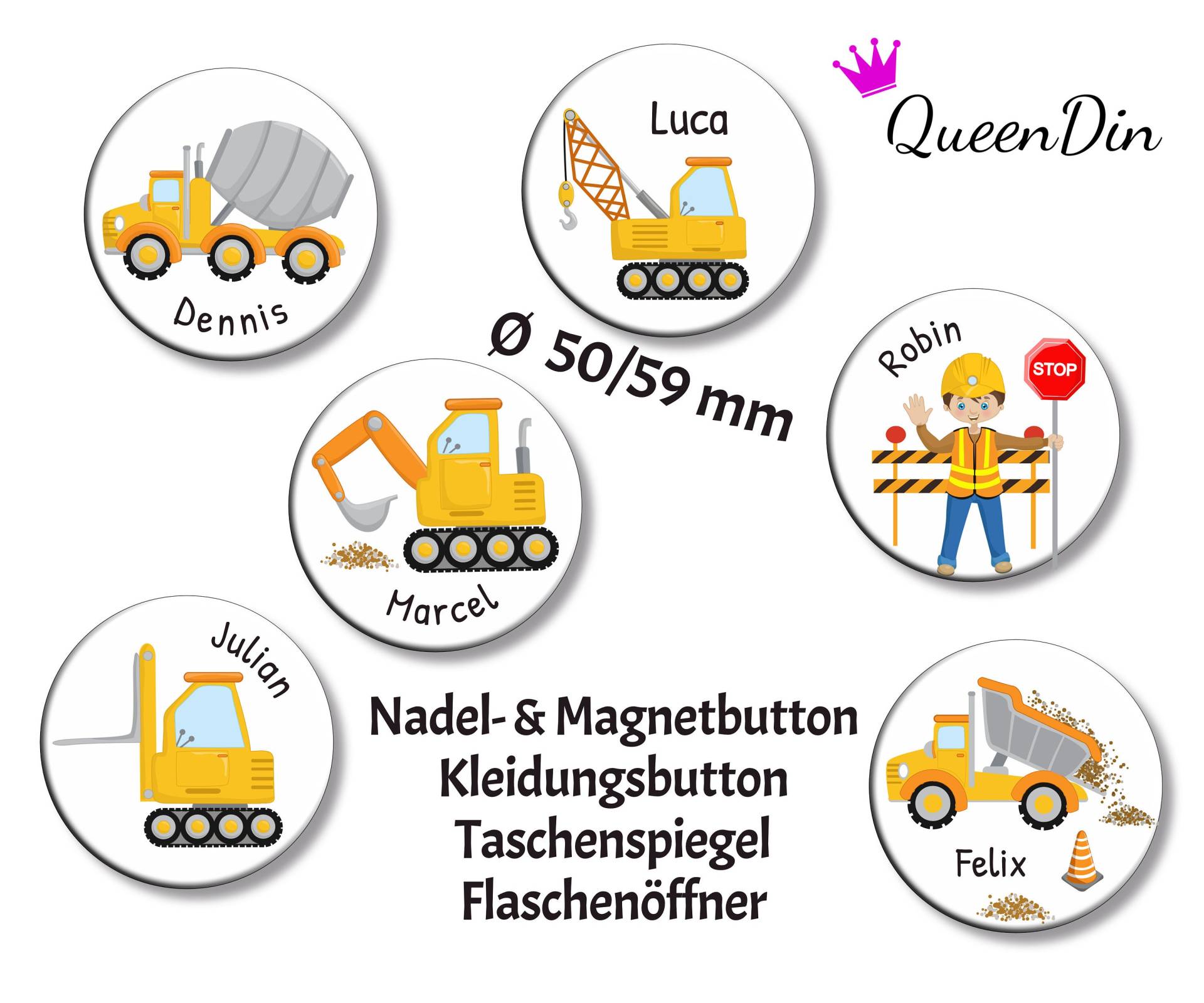 Button "Baustelle" Ø50/59 Mm Mit Wunschname | Magnet Kleidungsbutton Taschenspiegel Flaschenöffner von QueenDin