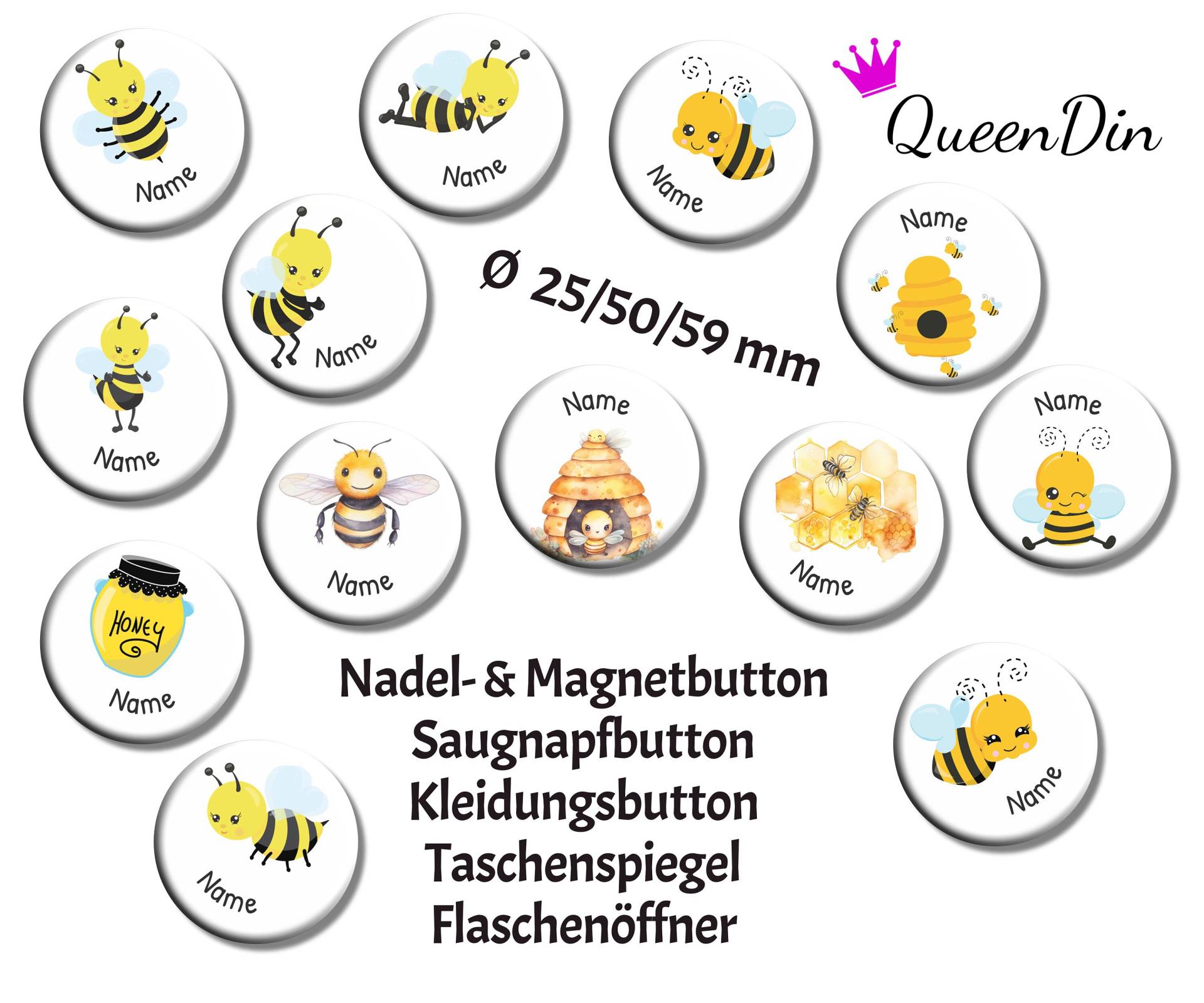 Button "Bienen" Ø25/50/59 Mm Mit Wunschname | Magnet Kleidungsbutton Taschenspiegel Flaschenöffner Glasmarkierer von QueenDin