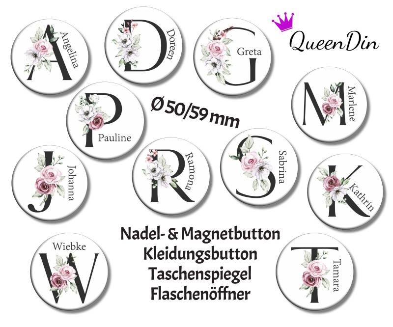 Button "Blumen-Initialen" Ø50/59 Mm Mit Wunschname | Magnet Kleidungsbutton Taschenspiegel Flaschenöffner von QueenDin