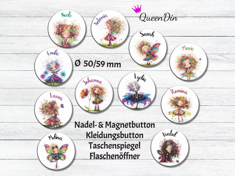 Button "Blumenfeen" Ø50/59 Mm Mit Wunschname | Magnet Kleidungsbutton Taschenspiegel Flaschenöffner von QueenDin