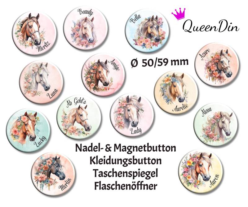 Button "Blumenpferde" Ø50/59 Mm Mit Wunschname | Magnet Kleidungsbutton Taschenspiegel Flaschenöffner von QueenDin