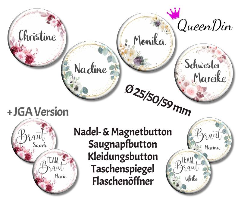 Button "Blumenring" Ø25/50/59 Mm Mit Wunschname | Ansteckbutton Magnet Kleidungsbutton Taschenspiegel Flaschenöffner Glasmarkierer von QueenDin