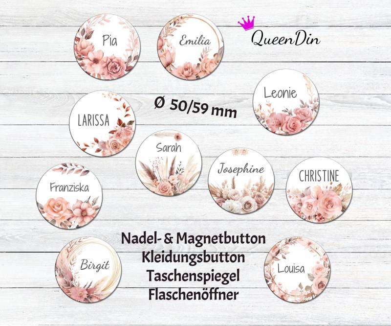 Button "Boho Blumen" Ø50/59 Mm Mit Wunschname | Magnet Kleidungsbutton Taschenspiegel Flaschenöffner von QueenDin