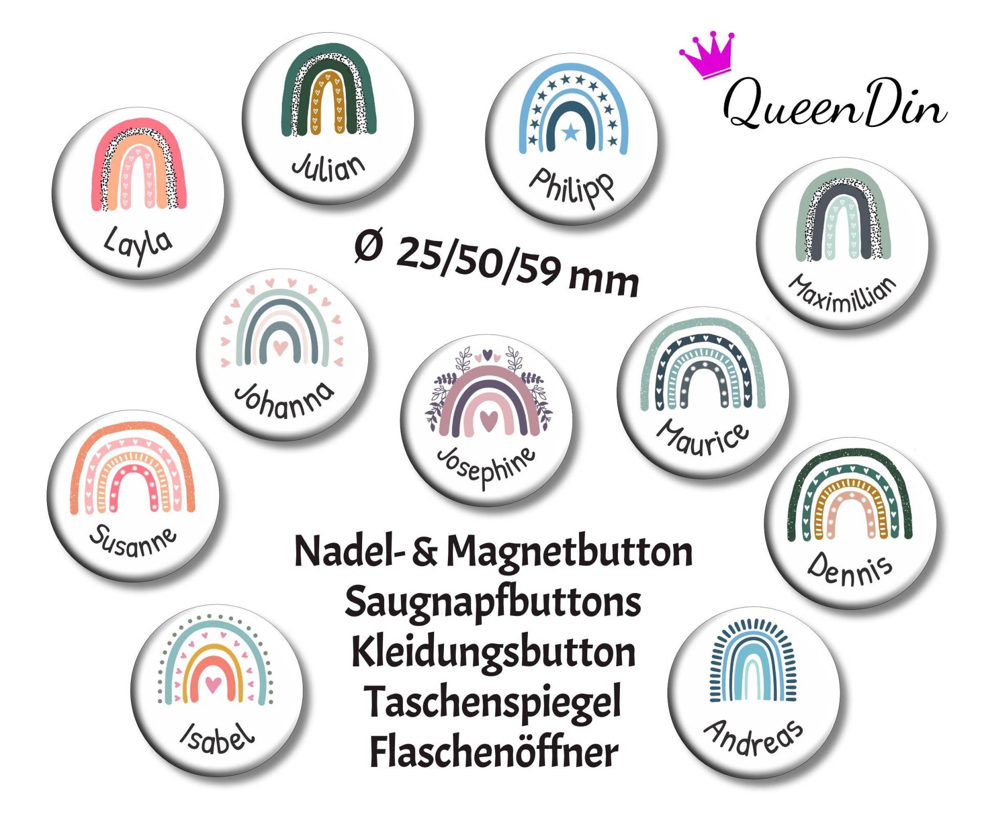 Button "Boho Regenbogen" Ø25/50/59 Mm Mit Wunschname | Magnet Kleidungsbutton Taschenspiegel Flaschenöffner Glasmarkierer von QueenDin