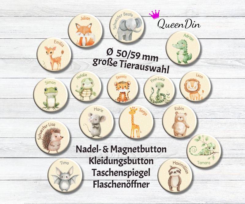 Button "Boho-Tiere" Ø50/59 Mm Mit Wunschname | Ansteckbutton Magnet Kleidungsbutton Taschenspiegel Flaschenöffner von QueenDin