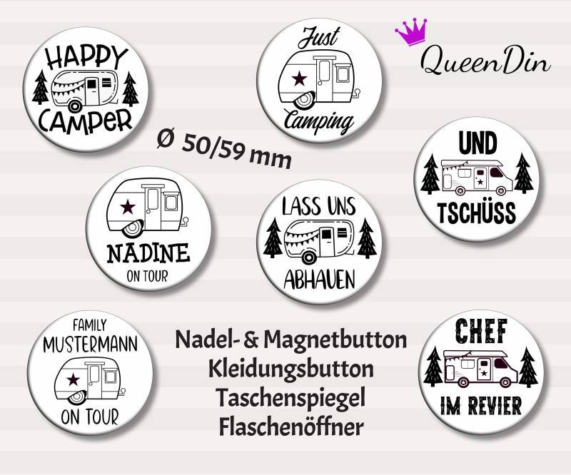 Button "Camping" Ø50/59 Mm Wohnwagen | Magnet Kleidungsbutton Taschenspiegel Flaschenöffner von QueenDin