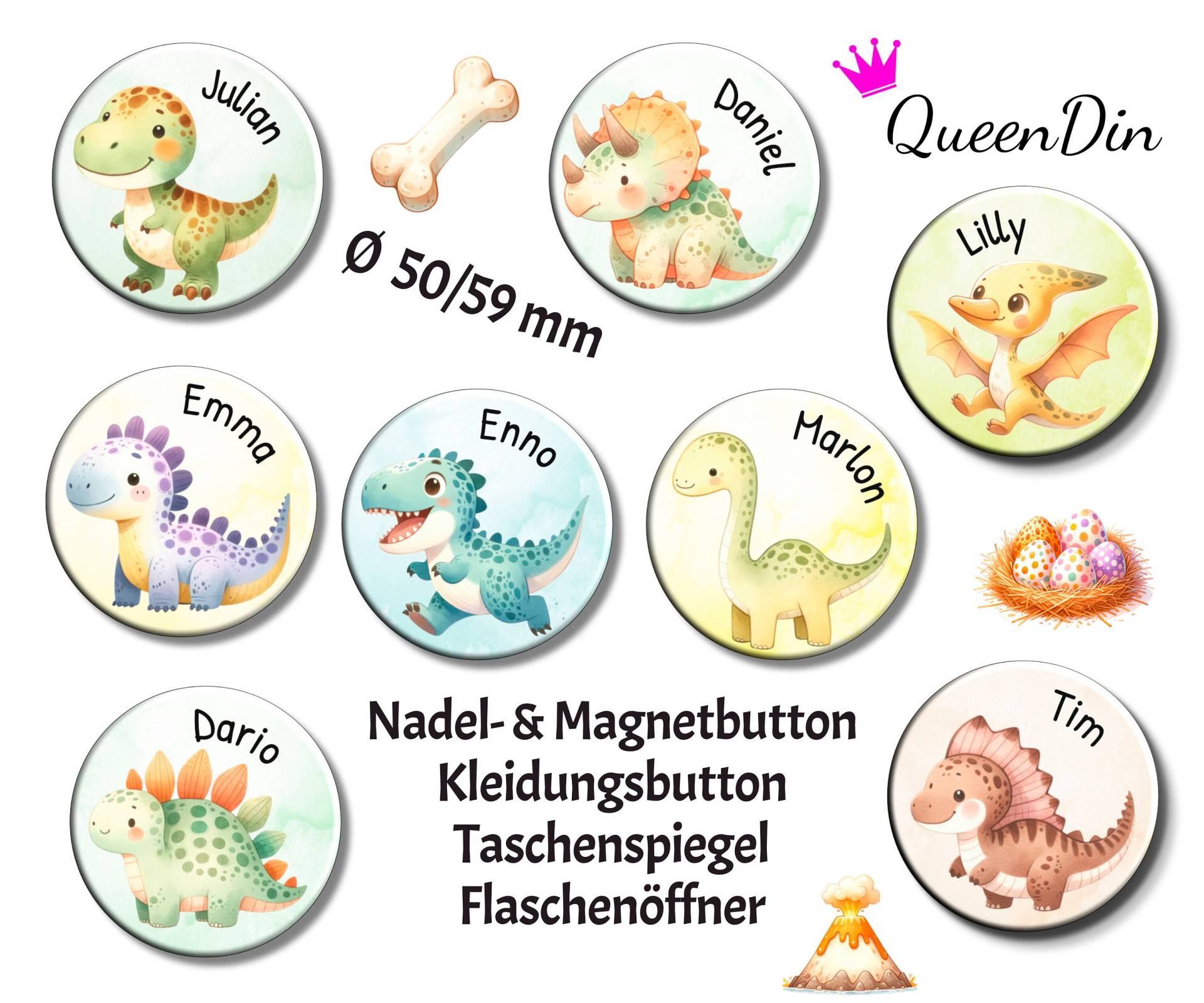 Button "Dino" Ø50/59 Mm Mit Wunschname | Magnet Kleidungsbutton Taschenspiegel Flaschenöffner von QueenDin