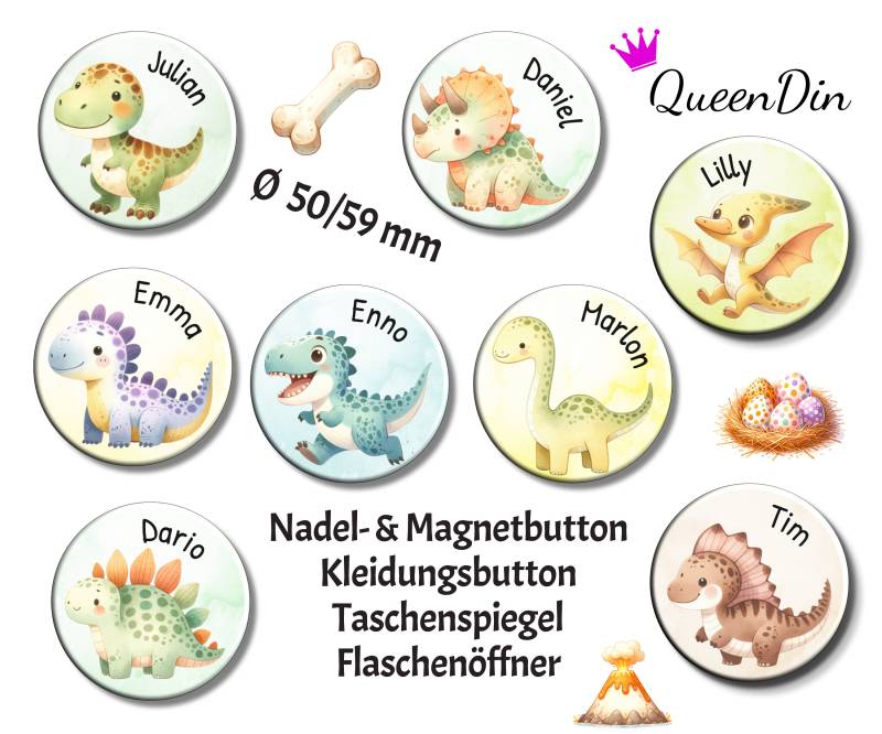Button "Dino" Ø50/59 Mm Mit Wunschname | Magnet Kleidungsbutton Taschenspiegel Flaschenöffner von QueenDin