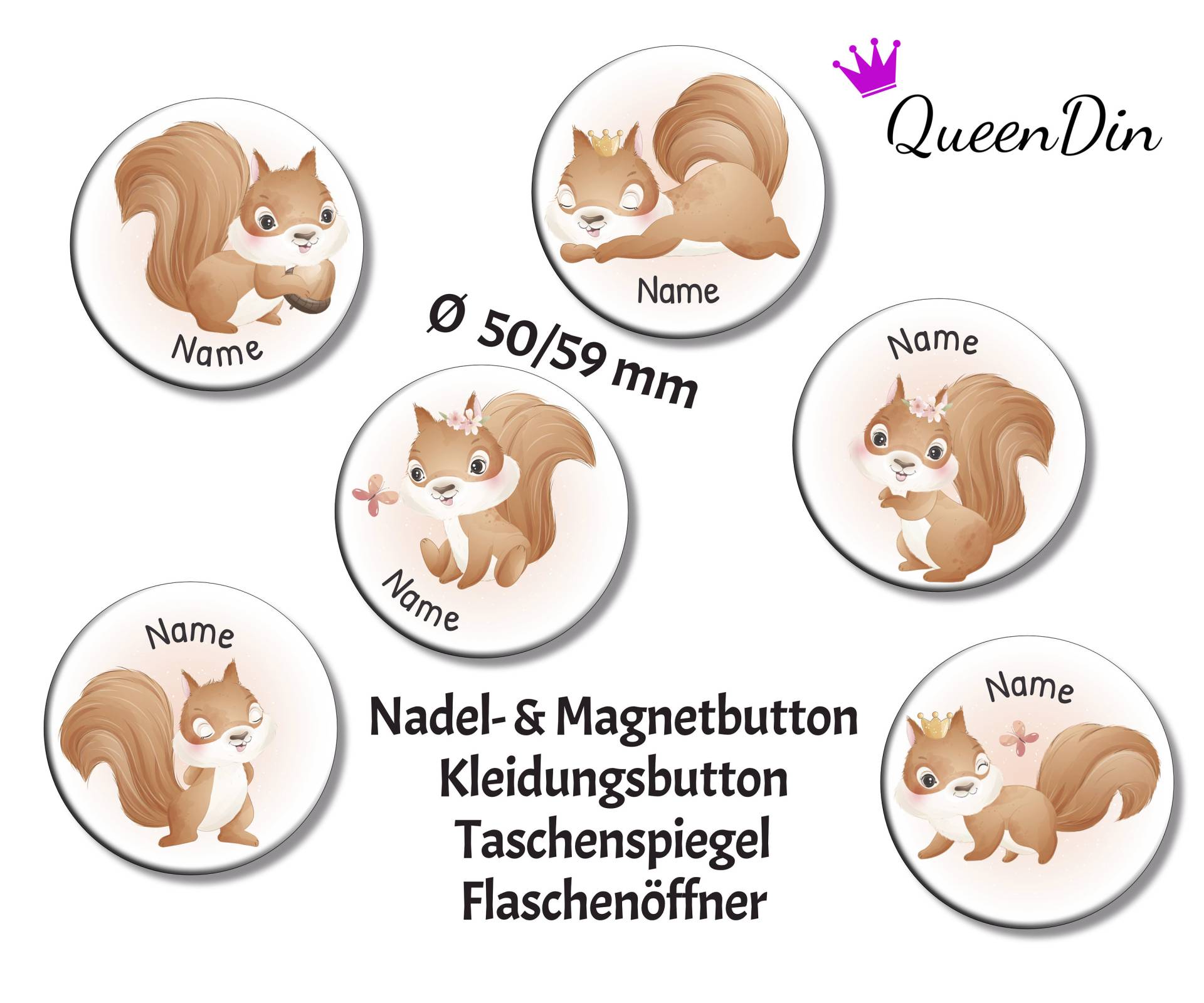 Button "Eichhörnchen Ii" Ø50/59 Mm Mit Wunschname | Magnet Kleidungsbutton Taschenspiegel Flaschenöffner von QueenDin