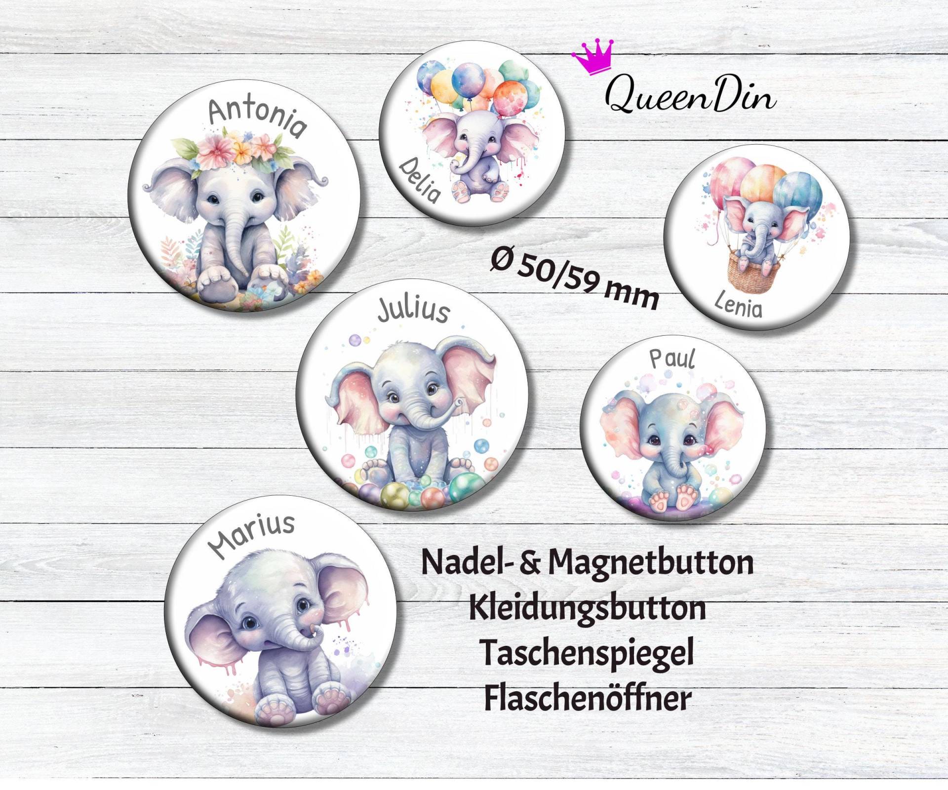 Button "Elefant" Ø50/59 Mm Mit Wunschname | Magnet Kleidungsbutton Taschenspiegel Flaschenöffner von QueenDin
