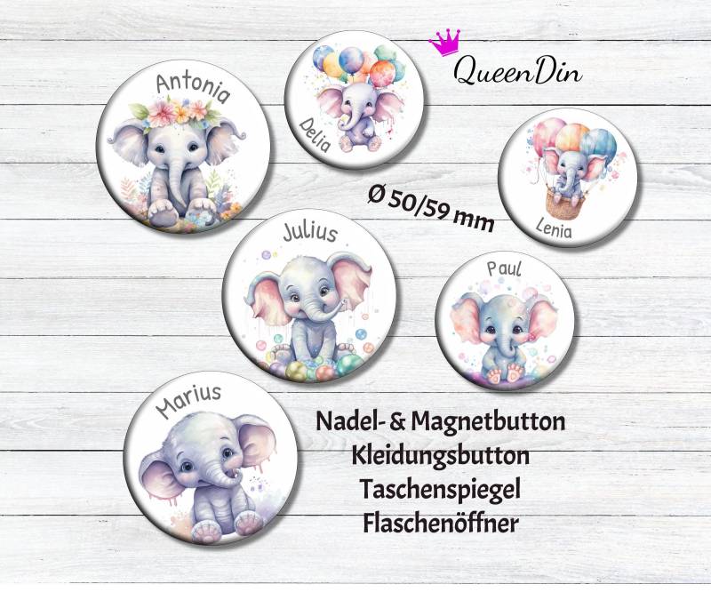 Button "Elefant" Ø50/59 Mm Mit Wunschname | Magnet Kleidungsbutton Taschenspiegel Flaschenöffner von QueenDin