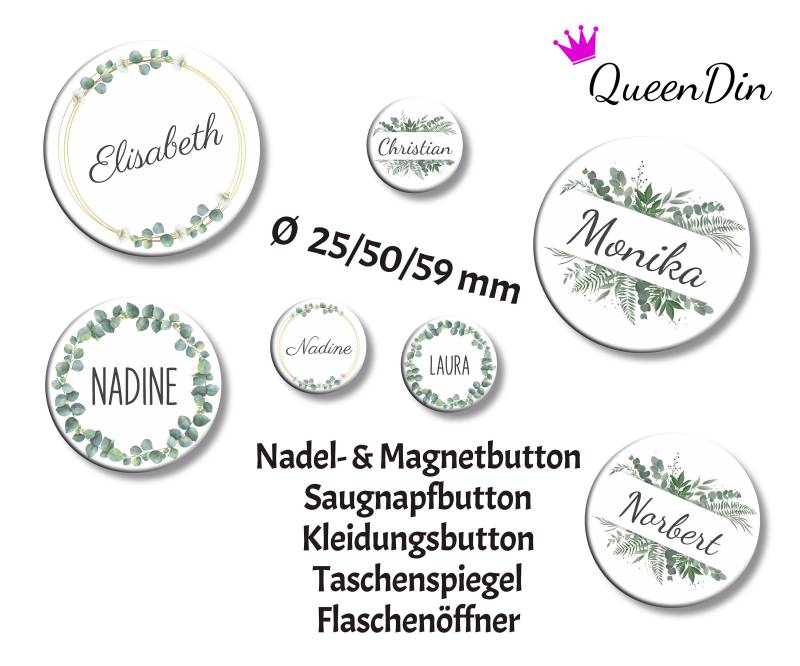 Button "Eukalyptus" Ø25/50/59 Mm Mit Wunschname | Magnet Kleidungsbutton Taschenspiegel Flaschenöffner Glasmarkierer von QueenDin