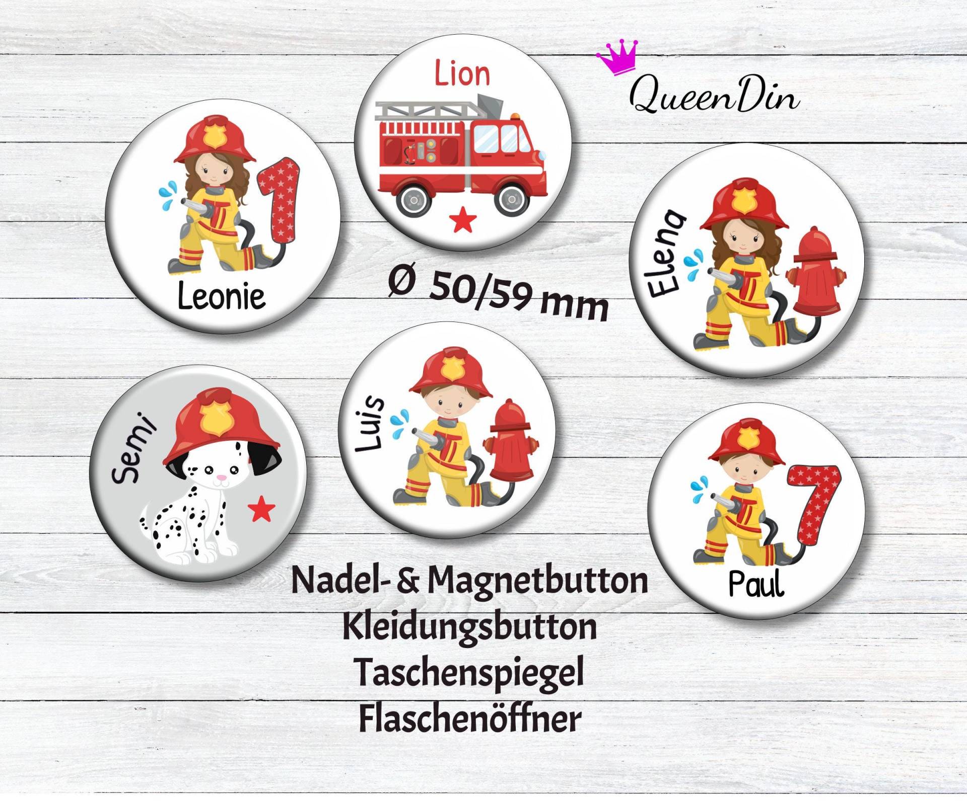 Button "Feuerwehr" Ø25/50/59 Mm Mit Wunschname | Magnet Kleidungsbutton Taschenspiegel Flaschenöffner von QueenDin