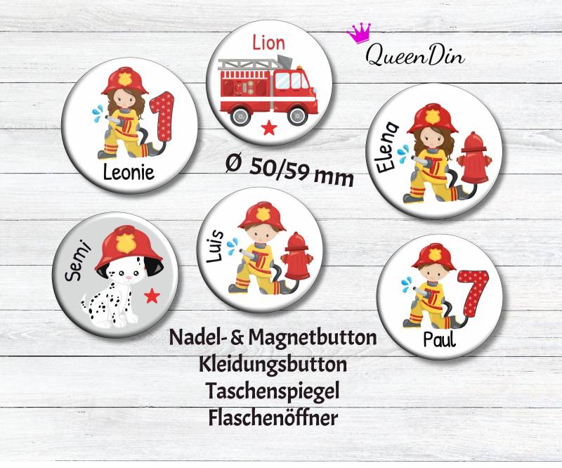 Button "Feuerwehr" Ø25/50/59 Mm Mit Wunschname | Magnet Kleidungsbutton Taschenspiegel Flaschenöffner von QueenDin