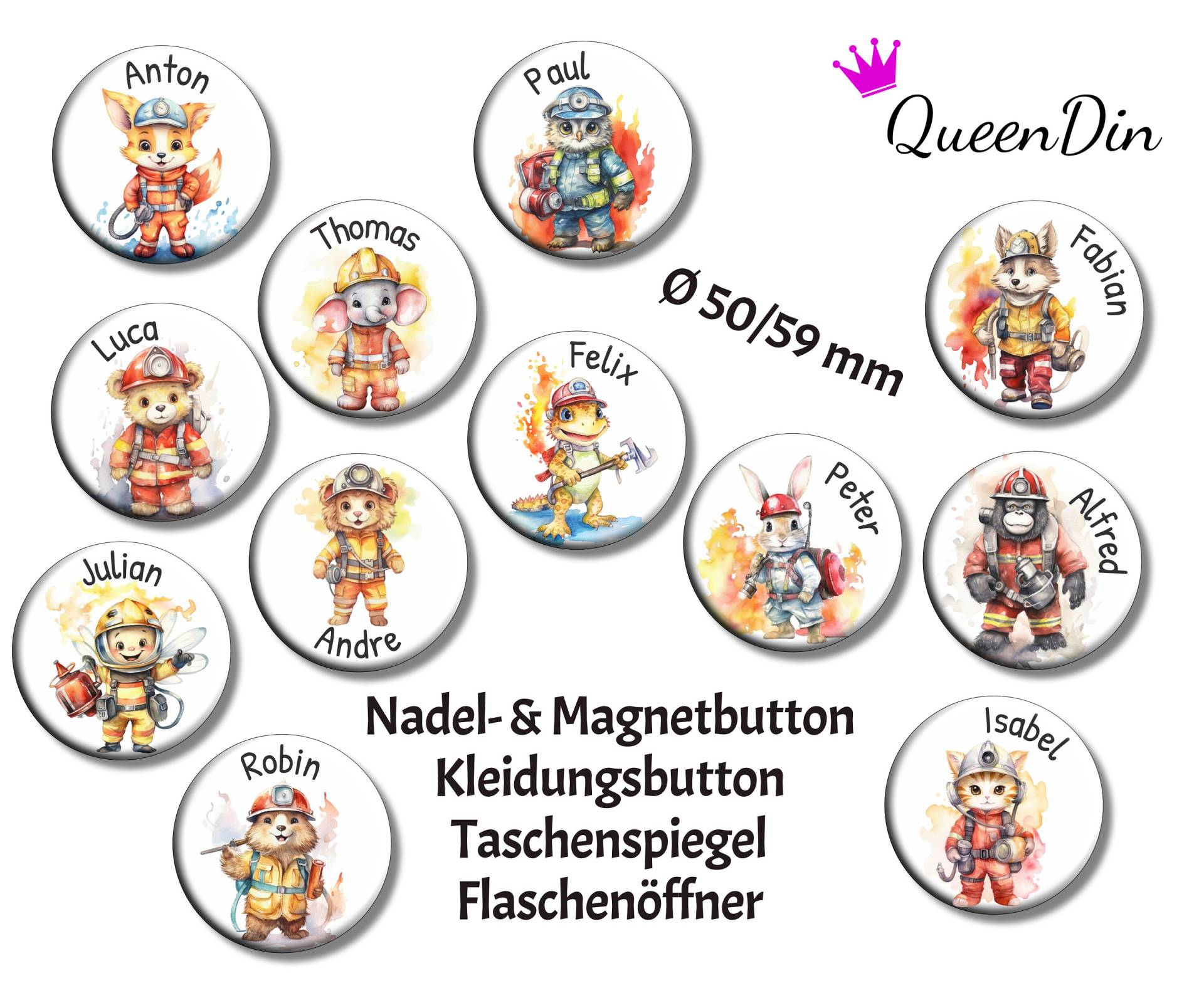 Button "Feuerwehrtiere" Ø50/59 Mm Mit Wunschname | Magnet Kleidungsbutton Taschenspiegel Flaschenöffner von QueenDin