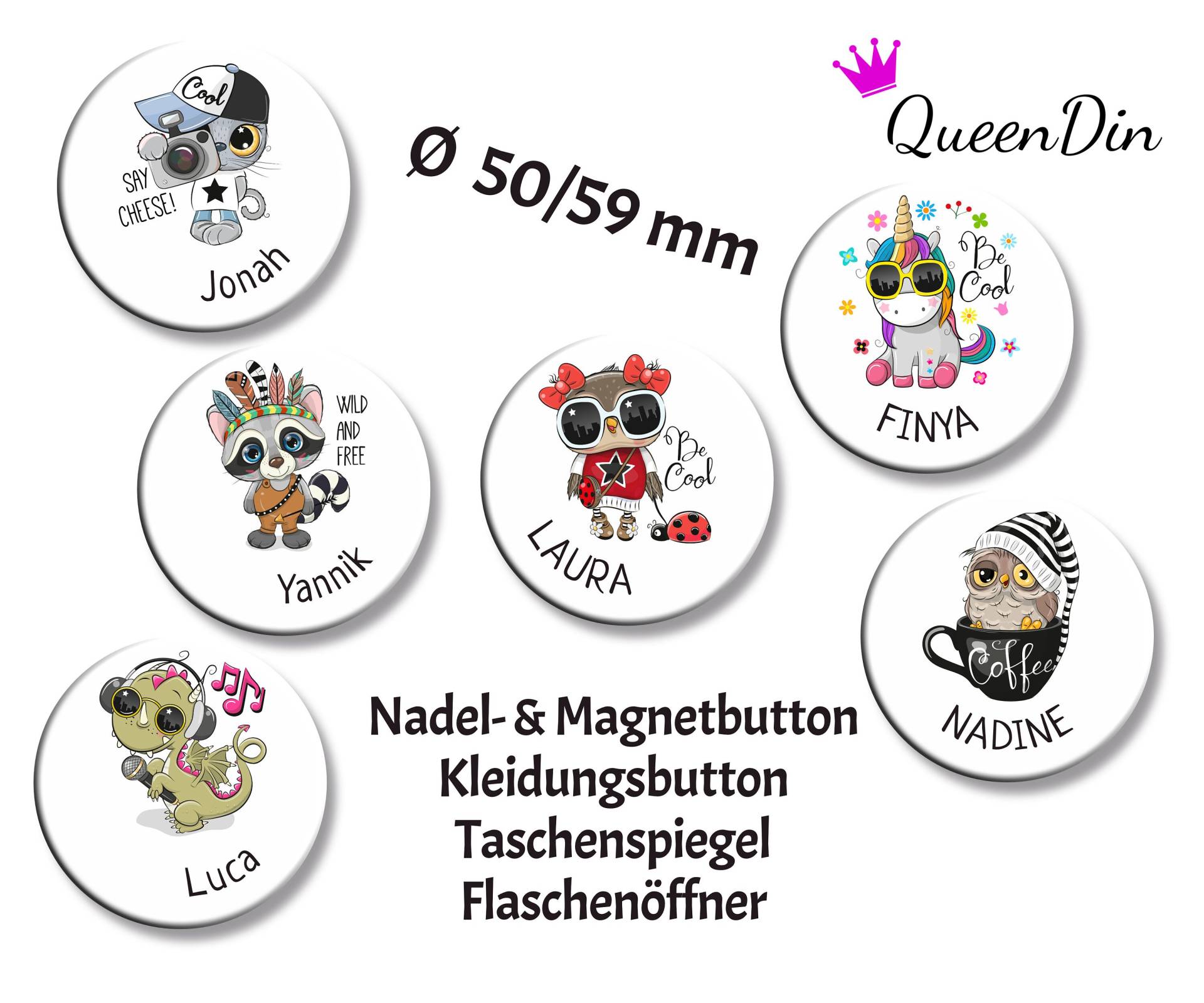 Button "Freche Tiere" Ø50/59 Mm Mit Wunschname | Magnet Kleidungsbutton Taschenspiegel Flaschenöffner von QueenDin