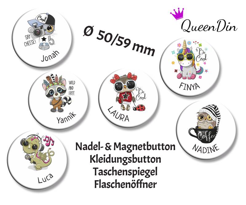 Button "Freche Tiere" Ø50/59 Mm Mit Wunschname | Magnet Kleidungsbutton Taschenspiegel Flaschenöffner von QueenDin