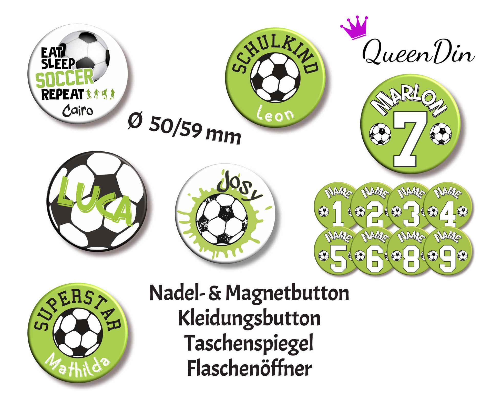 Button "Fußball" Ø50/59 Mm Mit Wunschname | Magnet Kleidungsbutton Taschenspiegel Flaschenöffner von QueenDin
