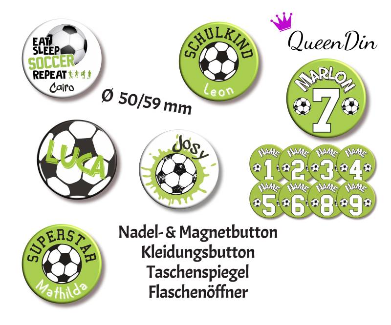 Button "Fußball" Ø50/59 Mm Mit Wunschname | Magnet Kleidungsbutton Taschenspiegel Flaschenöffner von QueenDin