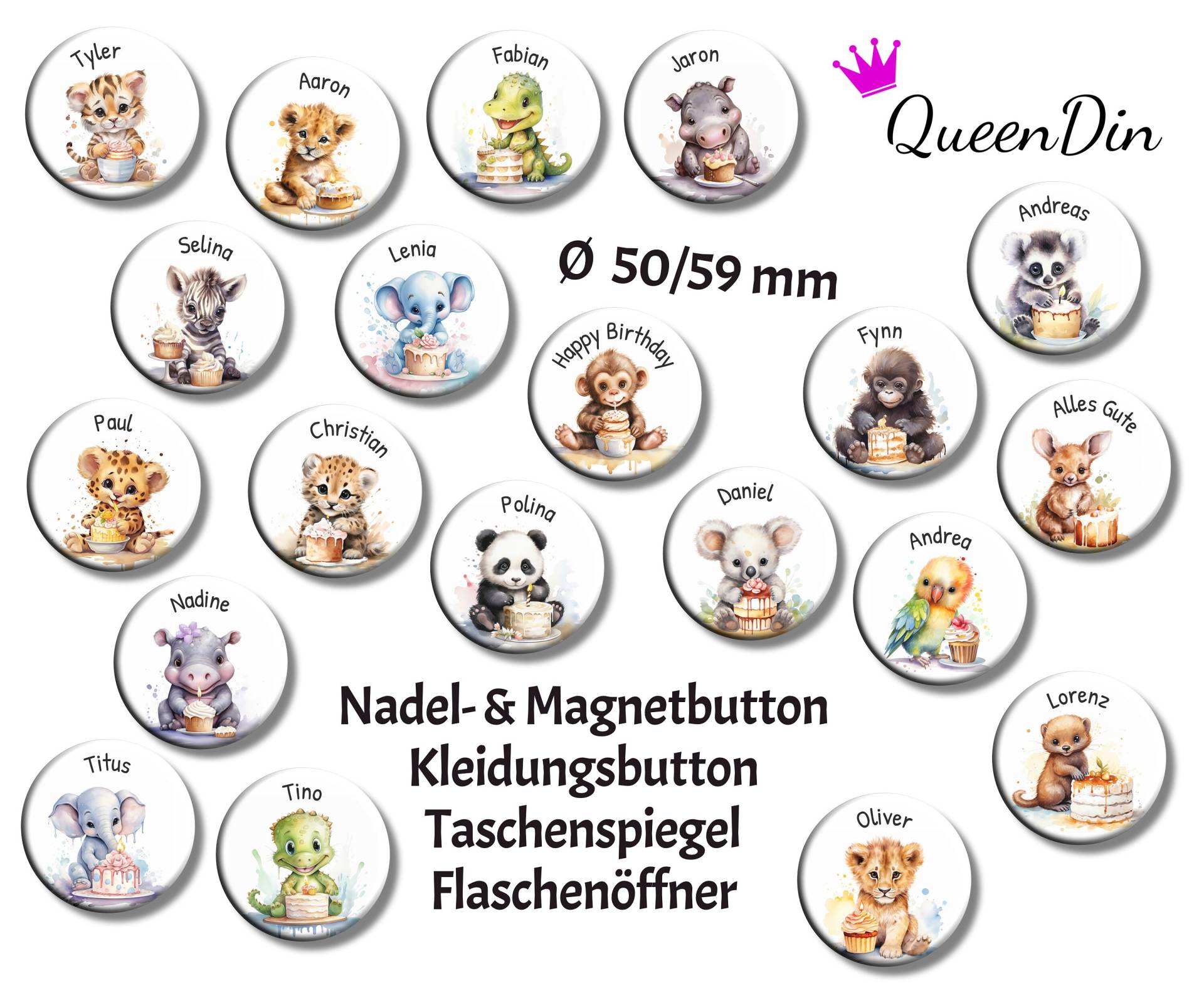 Button "Geburtstagstiere" Ø50/59 Mm Mit Wunschname | Magnet Kleidungsbutton Taschenspiegel Flaschenöffner von QueenDin