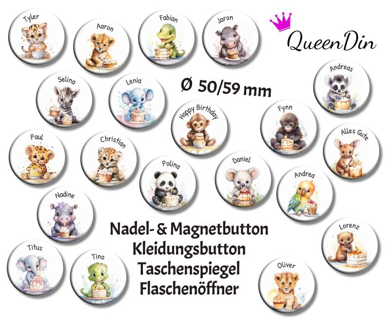 Button "Geburtstagstiere" Ø50/59 Mm Mit Wunschname | Magnet Kleidungsbutton Taschenspiegel Flaschenöffner von QueenDin