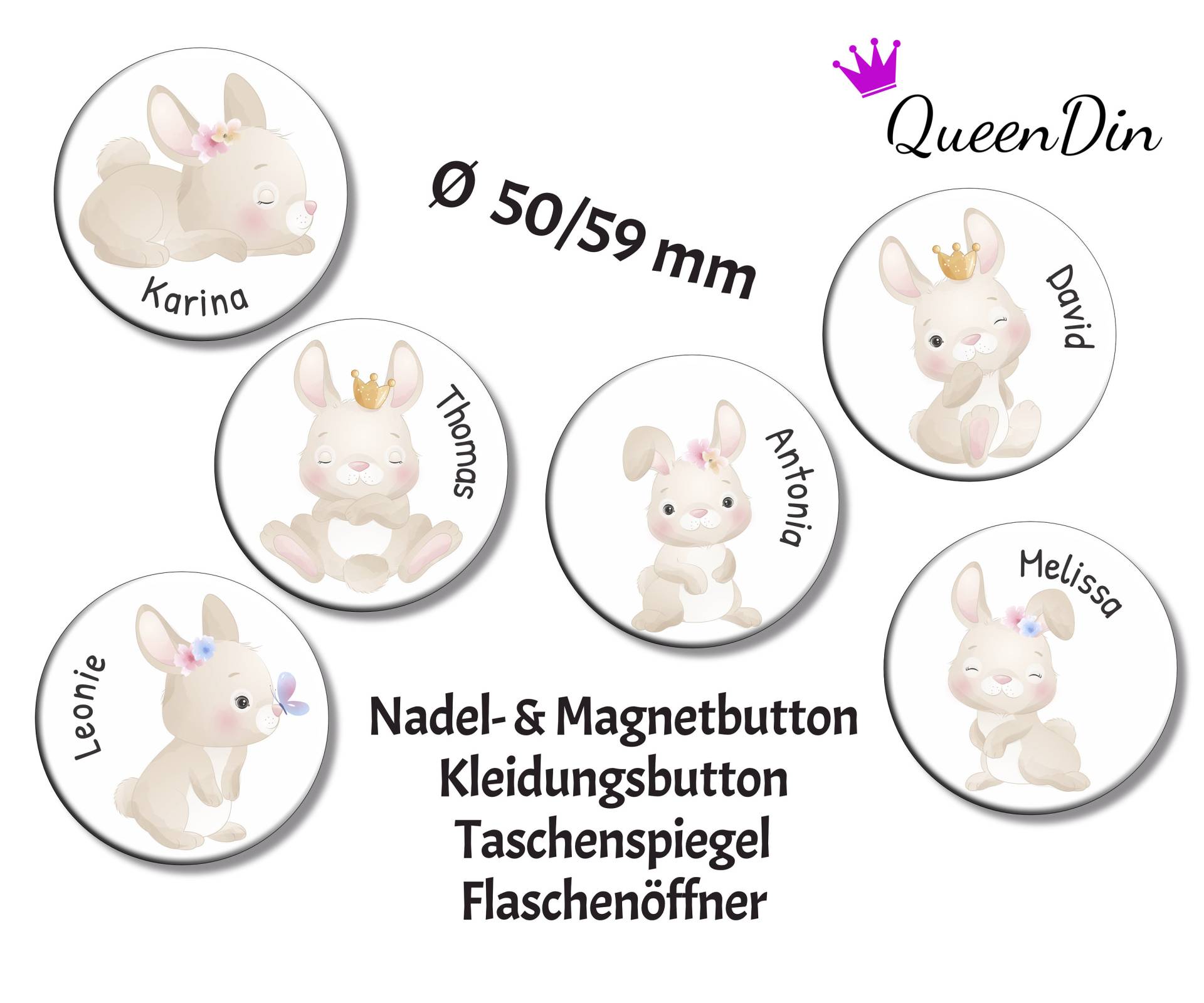 Button "Hase" Ø50/59 Mm Mit Wunschname | Magnet Kleidungsbutton Taschenspiegel Flaschenöffner von QueenDin