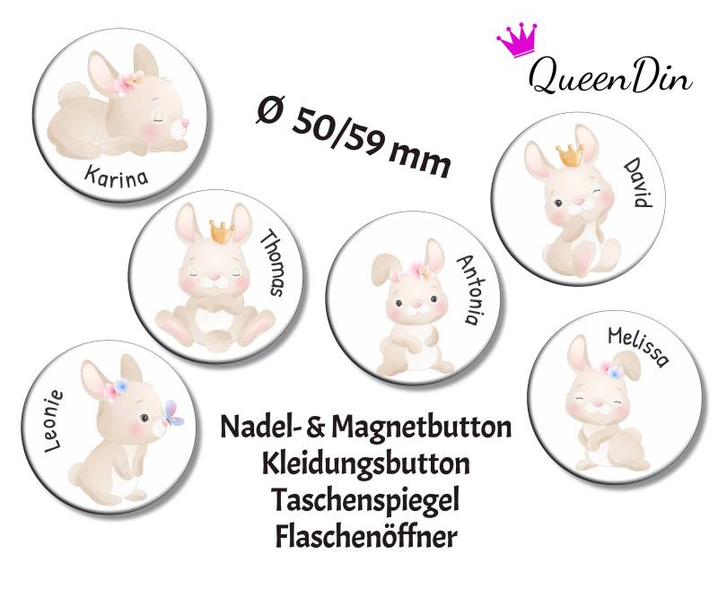 Button "Hase" Ø50/59 Mm Mit Wunschname | Magnet Kleidungsbutton Taschenspiegel Flaschenöffner von QueenDin