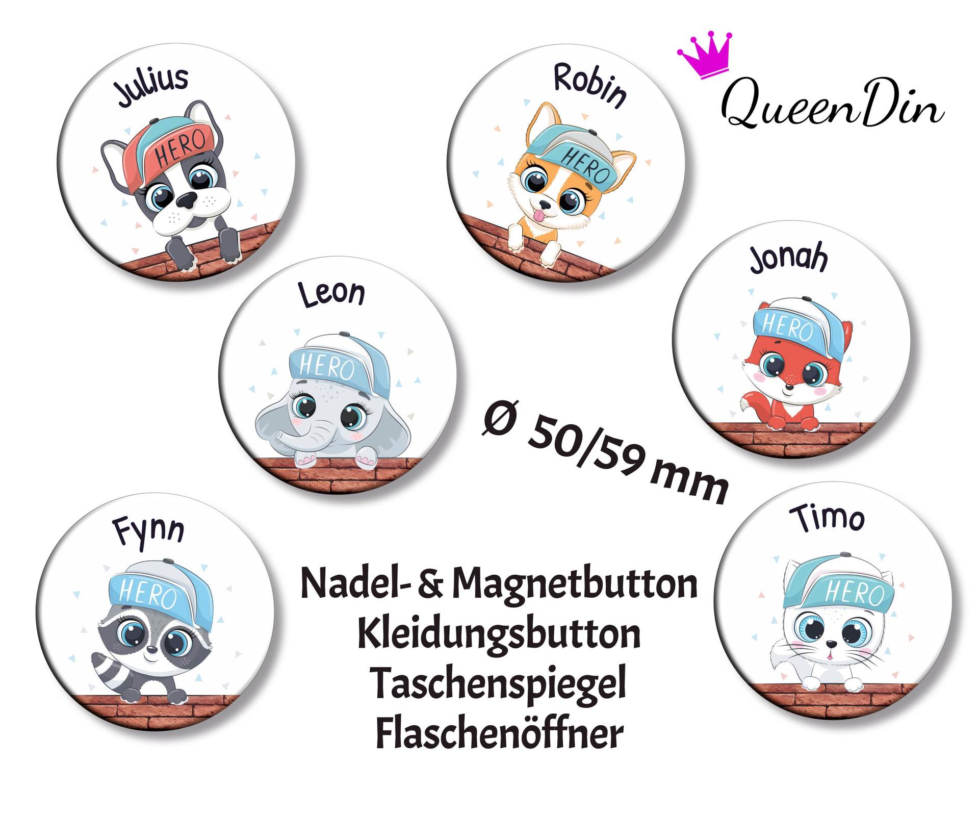 Button "Hero" Ø50/59 Mm Mit Wunschname | Magnet Kleidungsbutton Taschenspiegel Flaschenöffner von QueenDin