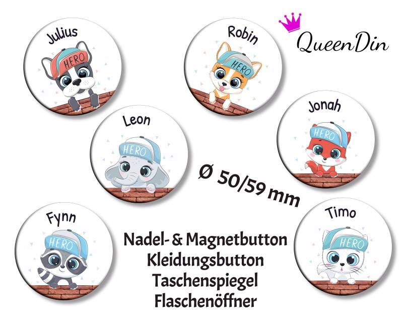 Button "Hero" Ø50/59 Mm Mit Wunschname | Magnet Kleidungsbutton Taschenspiegel Flaschenöffner von QueenDin