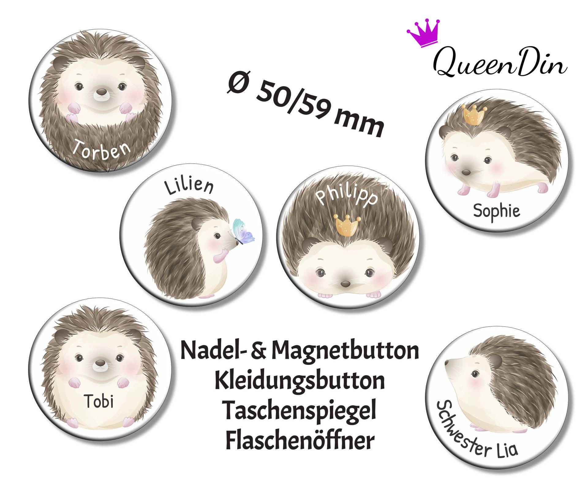 Button "Igel" Ø50/59 Mm Mit Wunschname | Magnet Kleidungsbutton Taschenspiegel Flaschenöffner von QueenDin