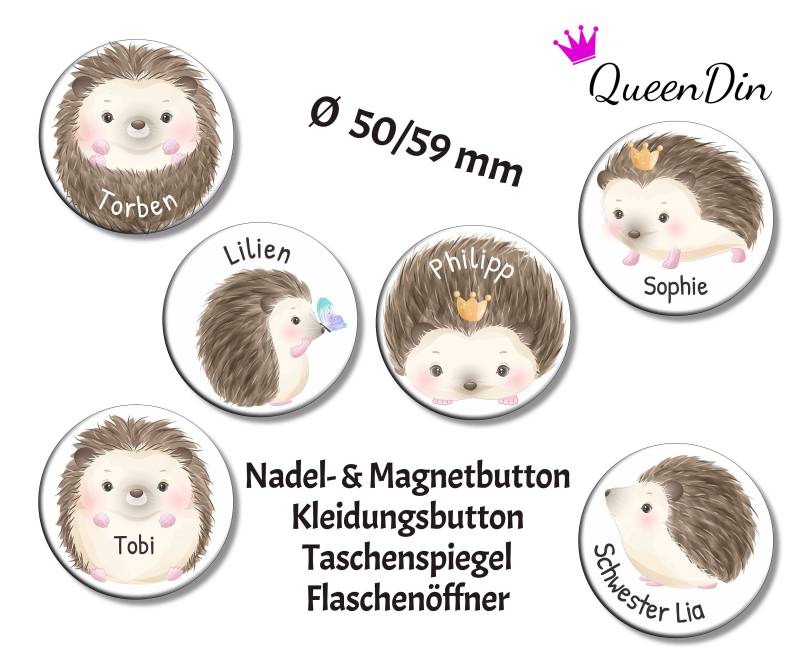 Button "Igel" Ø50/59 Mm Mit Wunschname | Magnet Kleidungsbutton Taschenspiegel Flaschenöffner von QueenDin