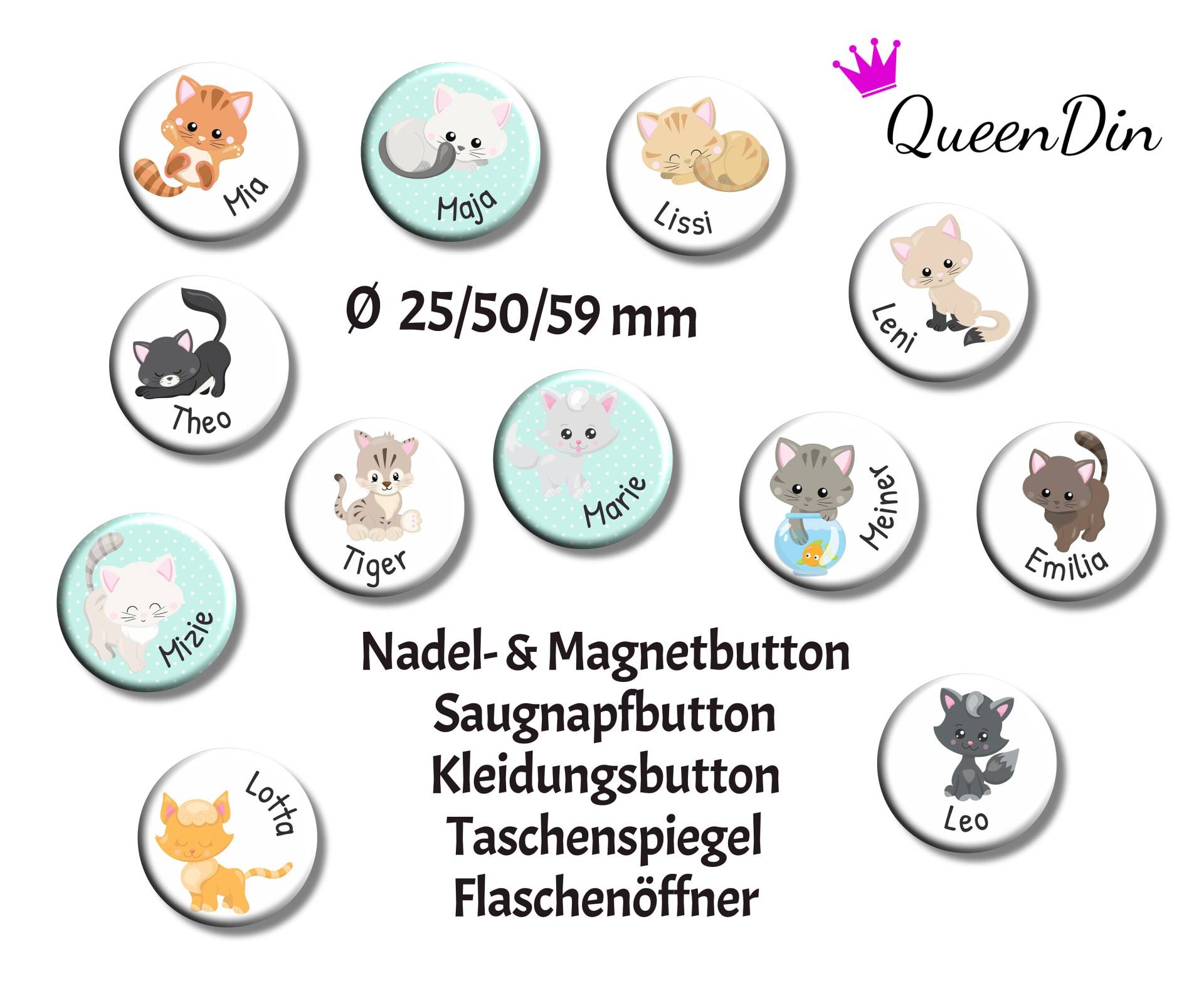 Button "Katze" Ø25/50/59 Mm Mit Wunschname | Magnet Kleidungsbutton Taschenspiegel Flaschenöffner Glasmarkierer von QueenDin