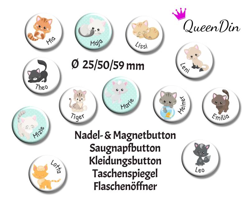 Button "Katze" Ø25/50/59 Mm Mit Wunschname | Magnet Kleidungsbutton Taschenspiegel Flaschenöffner Glasmarkierer von QueenDin
